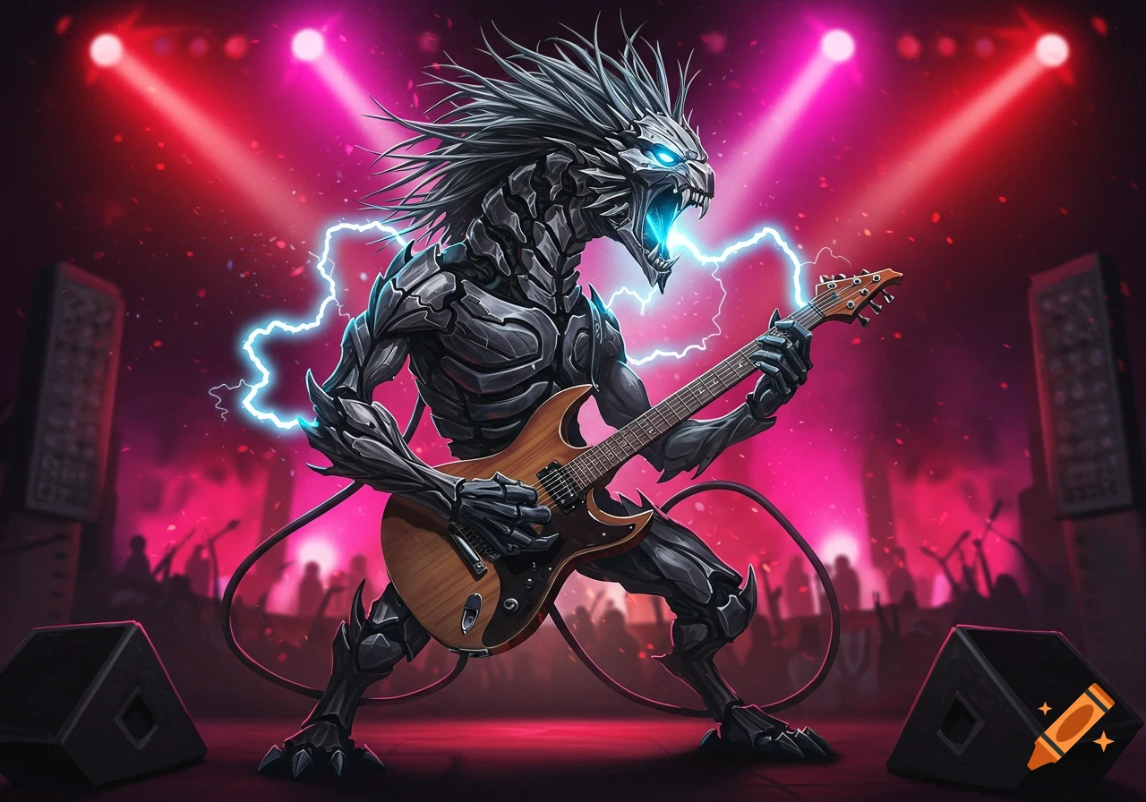 An armored, monstrous creature with glowing eyes and spiky hair plays an electric guitar on a stage with red spotlights and lightning.