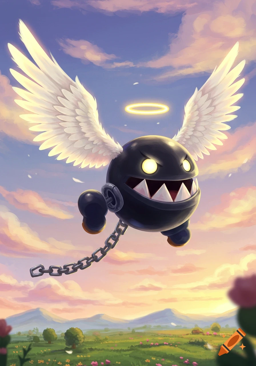 An illustrated Chain Chomp with white angel wings and a halo flies over a vibrant green field with mountains under a sunset sky.
