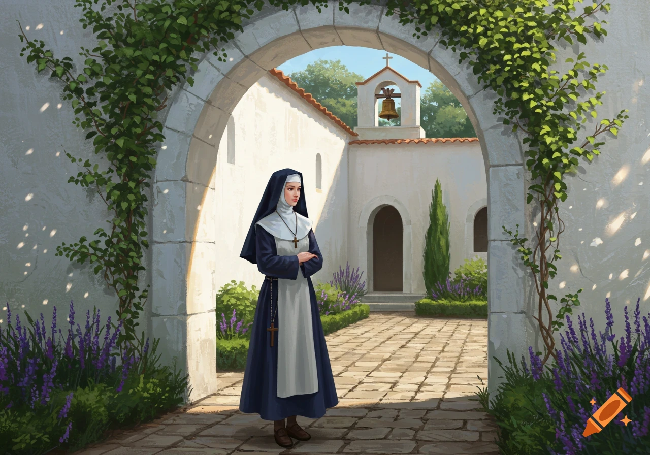 A young nun stands in an arched stone doorway of a monastery courtyard, surrounded by green vines and lavender flowers.