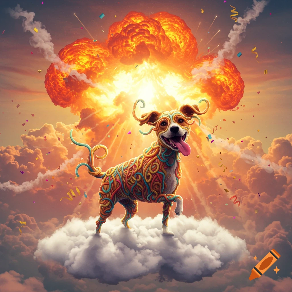 A colorful dog made of tangled noodles stands on a fluffy white cloud, with a bright orange explosion and confetti in the sky behind it. Stylized art.