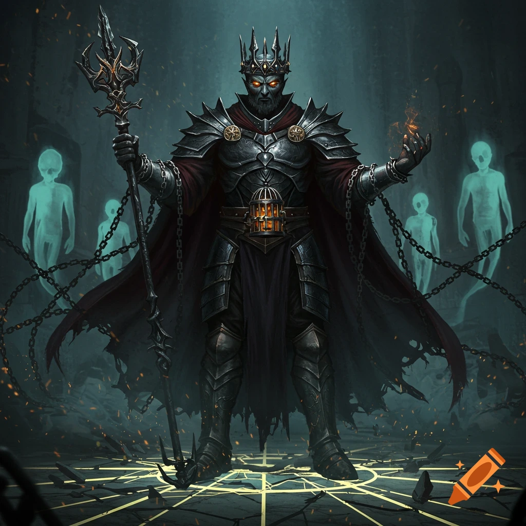 A dark fantasy king in spiked armor and crown with glowing eyes, holding a scepter, stands on a shattered floor surrounded by chained ethereal figures.