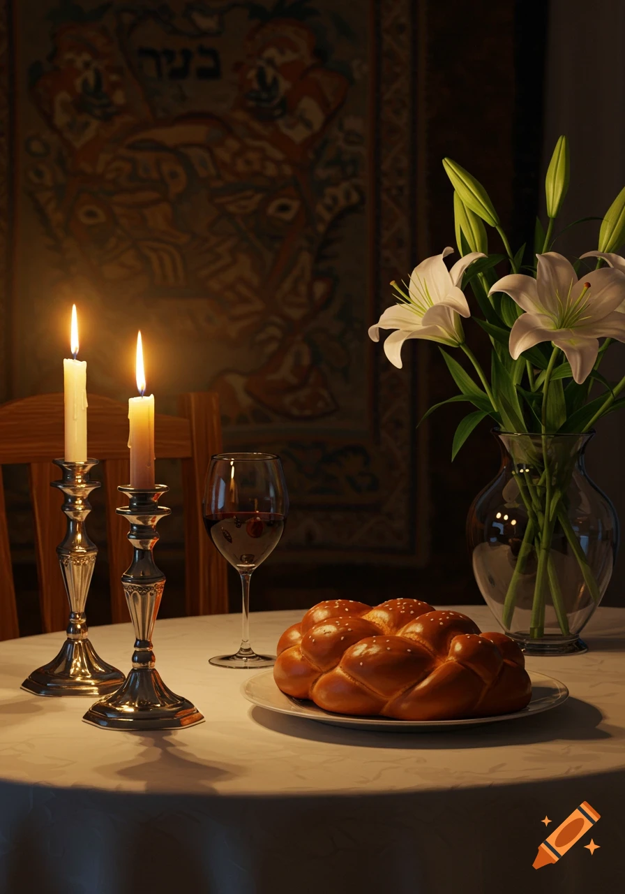 A table set for Shabbat with two lit candles in silver holders, a glass of red wine, challah bread on a plate, and a vase of white lilies. A patterned tapestry is in the background.