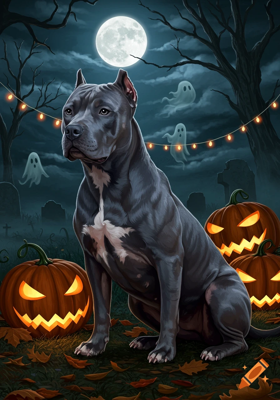 A muscular blue pitbull dog sits in a spooky Halloween graveyard with glowing jack-o'-lanterns, ghosts, and string lights under a full moon.