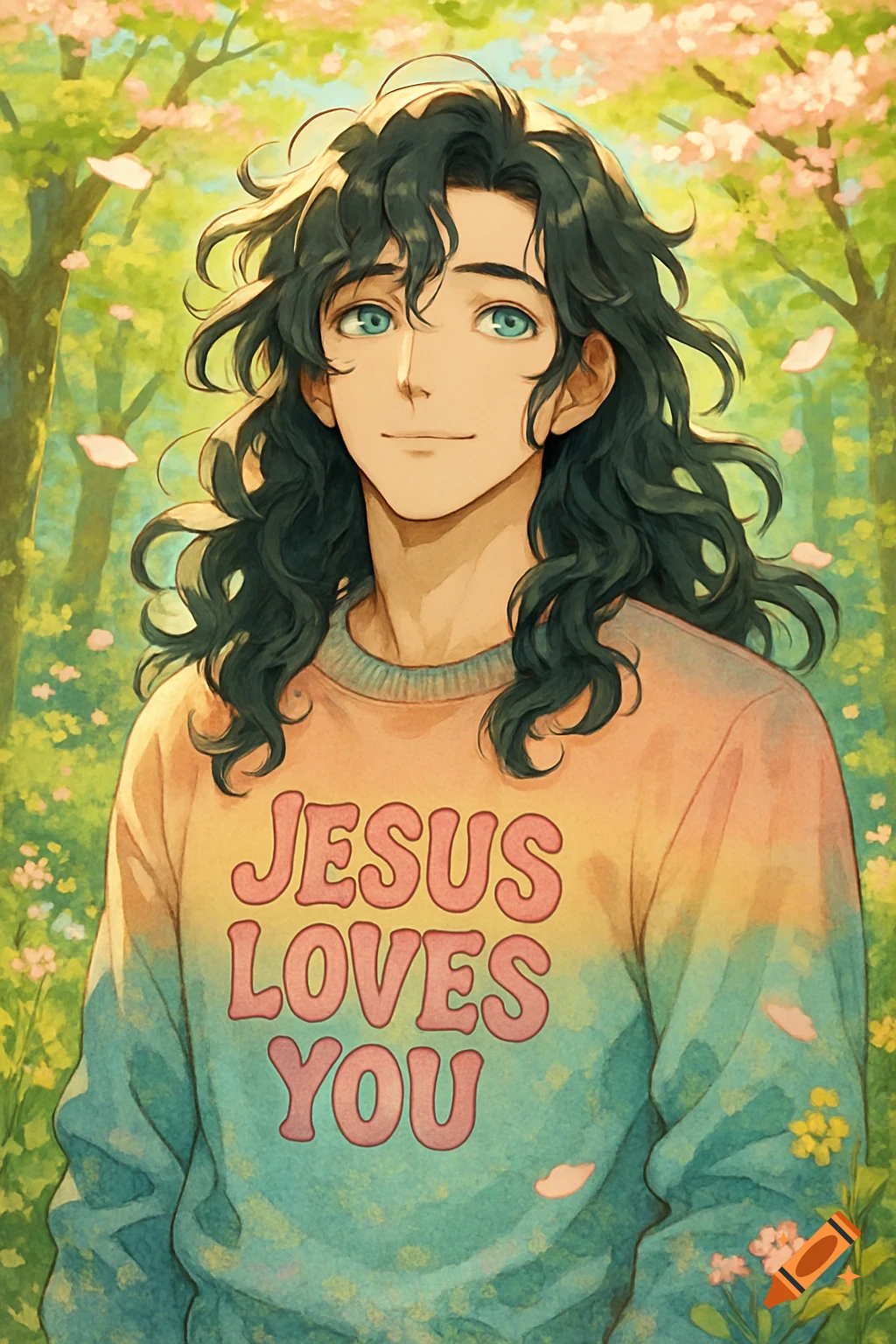 A smiling young person with long dark curly hair and blue-green eyes wears a rainbow-colored 'Jesus Loves You' sweater in an anime style forest.
