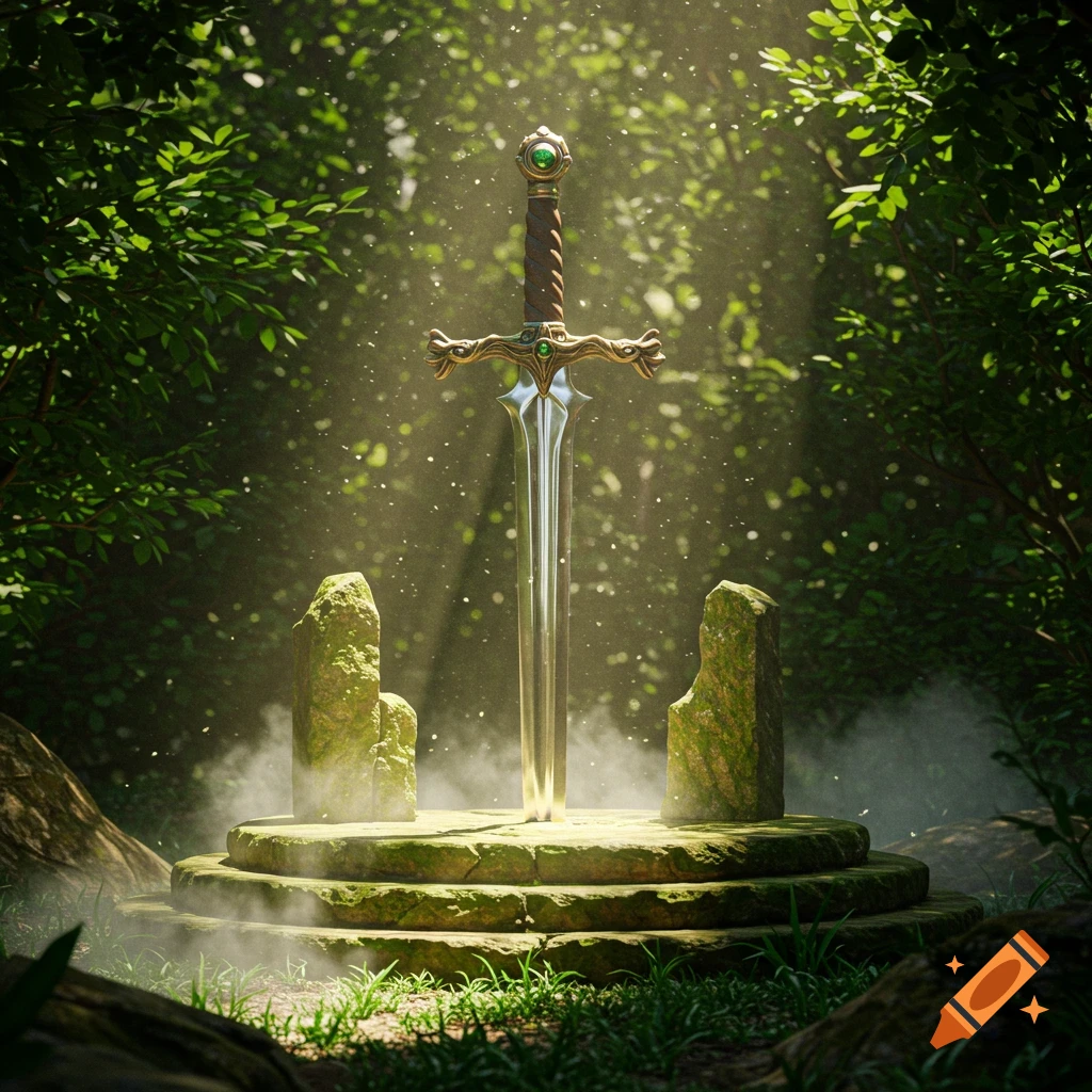 A gleaming fantasy sword embedded in a mossy stone pedestal in a sun-dappled, misty forest.