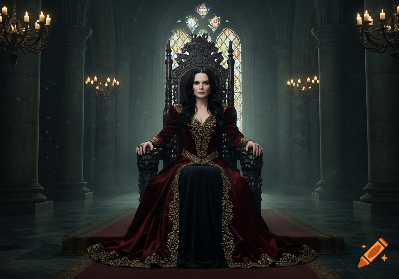 Photorealistic portrait of a dark-haired queen in a red and black royal gown, seated on an ornate throne in a grand hall.