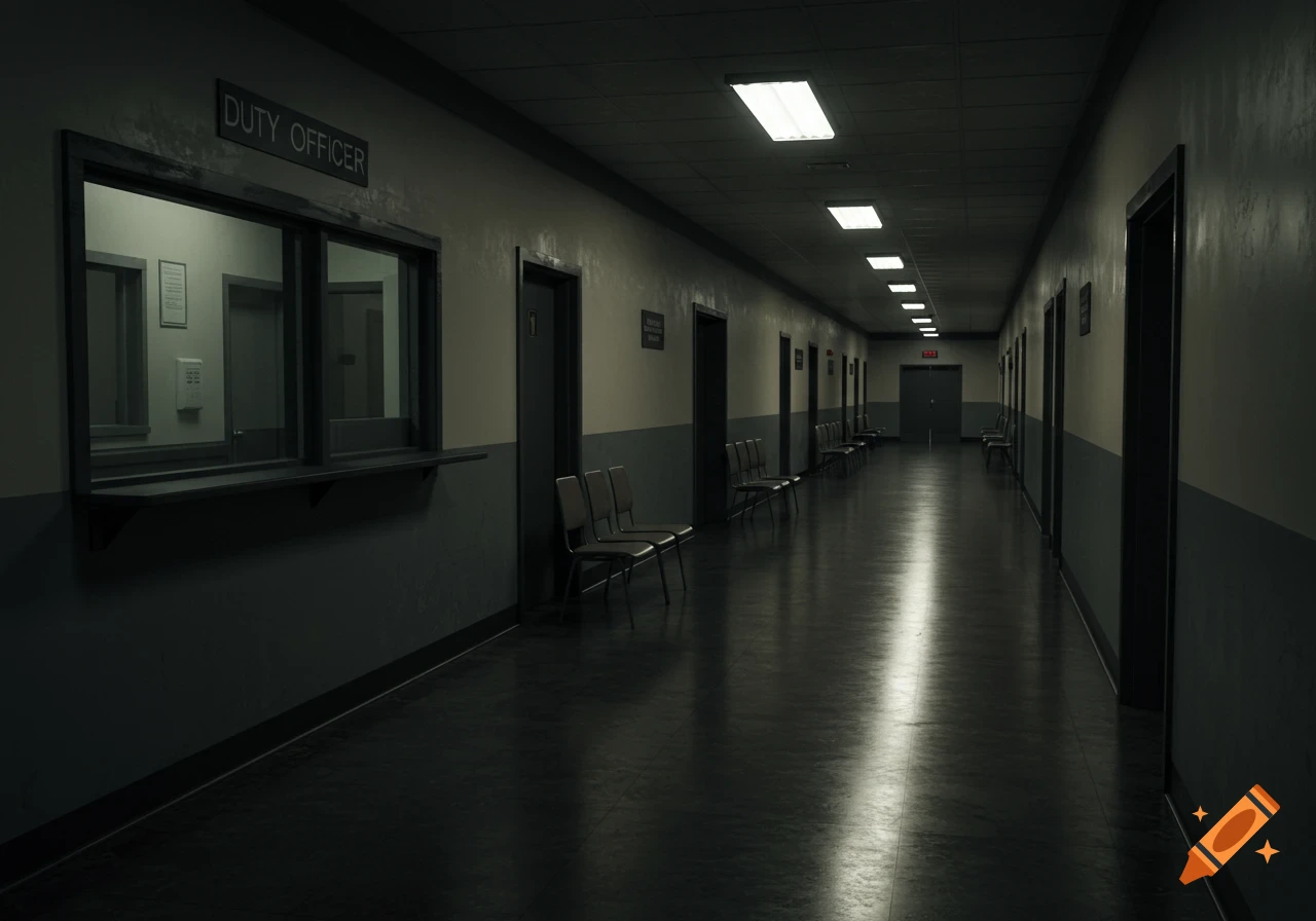A long, dimly lit corridor in an administrative building with a "Duty Officer" window, chairs, and fluorescent lights, photorealistic.