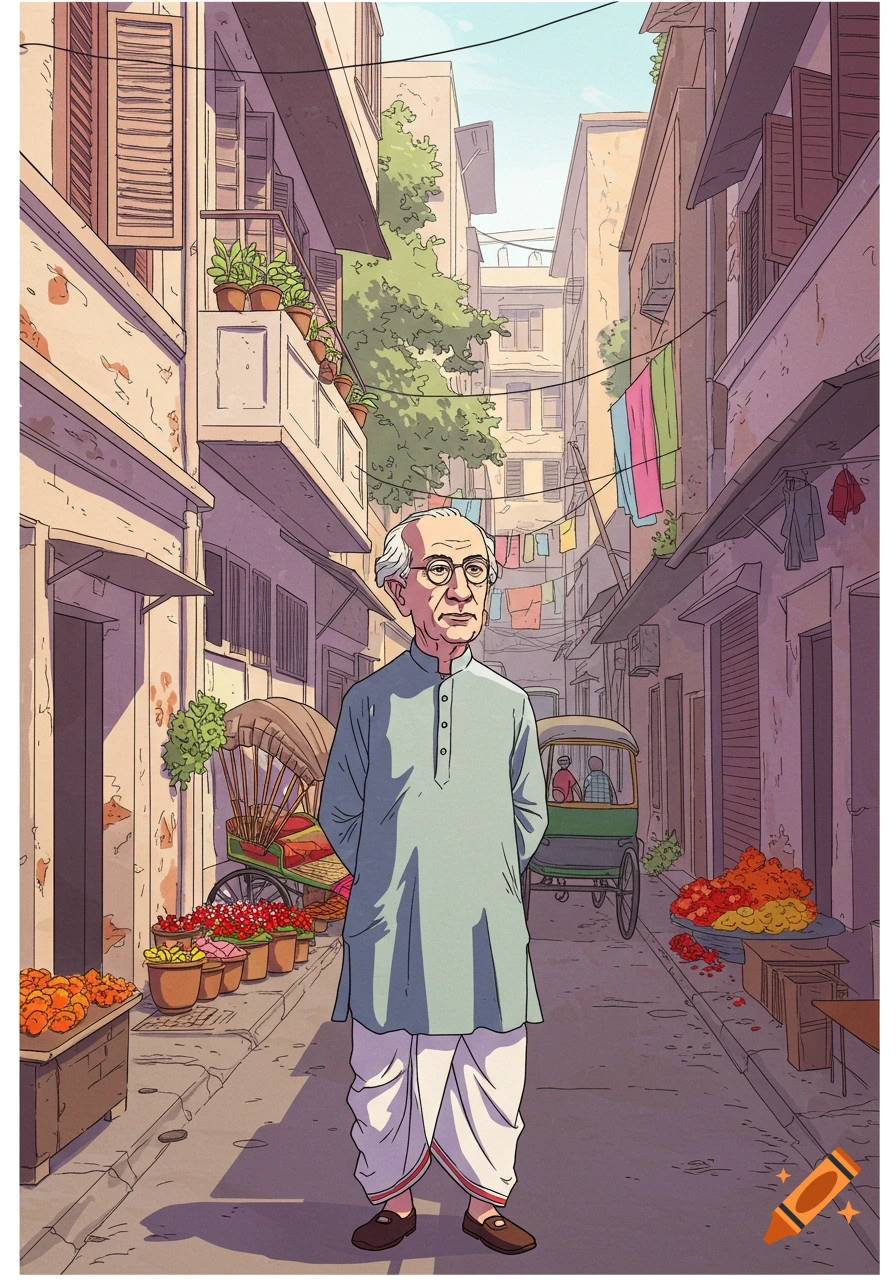 An old man in a pastel blue kurta and white dhoti stands in a narrow, bustling Kolkata lane with buildings, rickshaws, and flower stalls in graphic cartoon style.