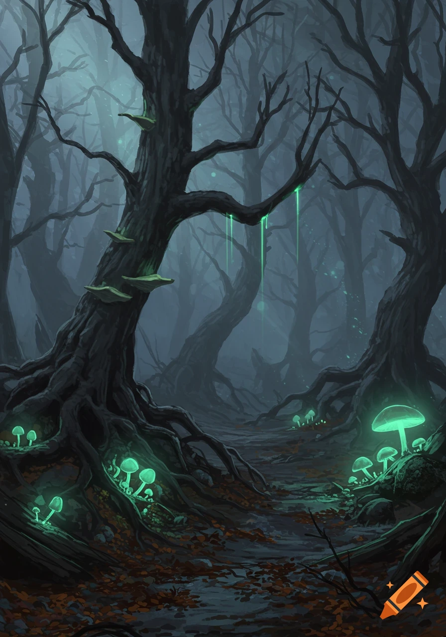A dark, eerie forest with gnarled trees and glowing green mushrooms on the ground and branches, lit by a mystical blue-green glow.