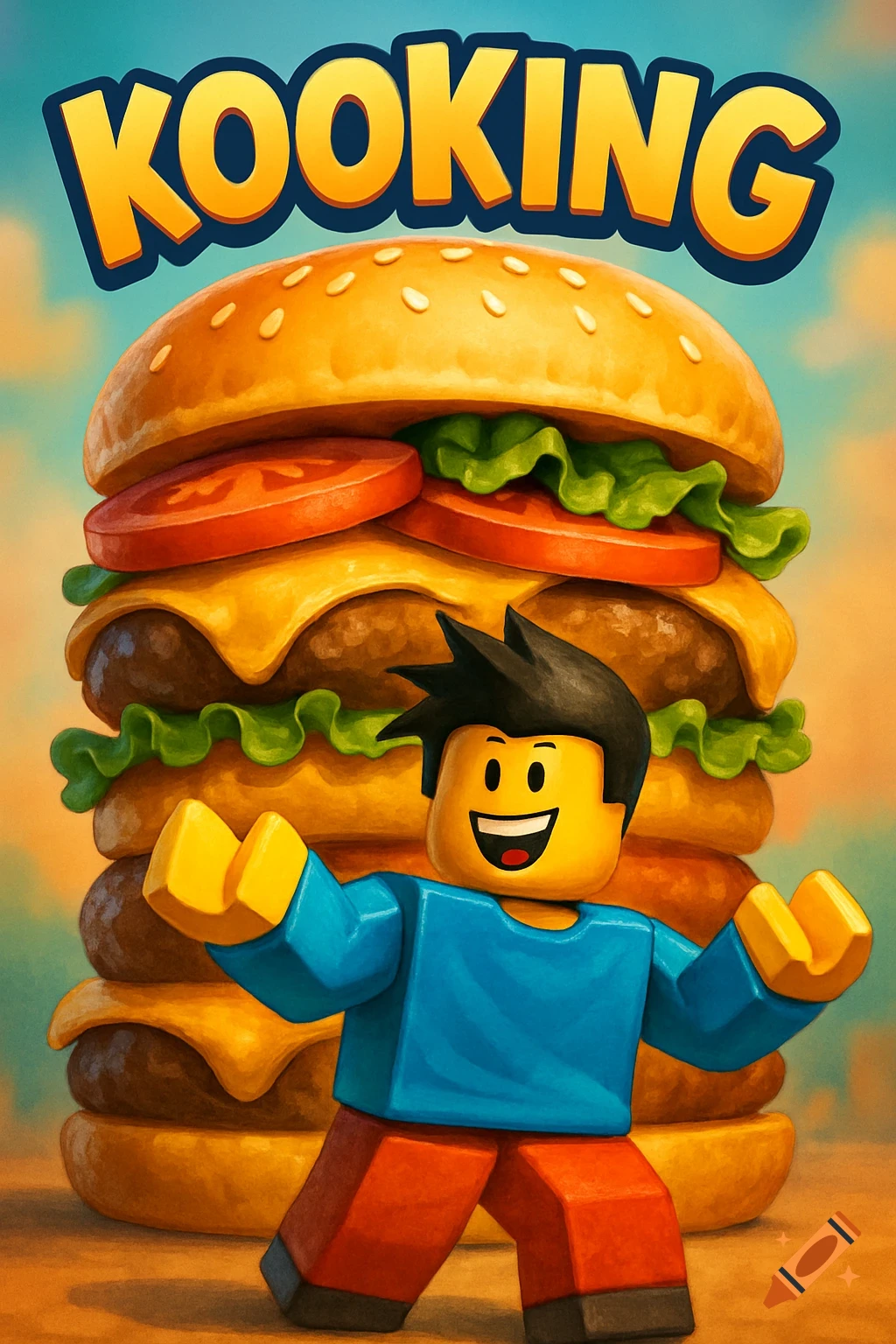 Colorful cartoon of a Roblox character smiling in front of a giant burger, with the word 'KOOKING' at the top.