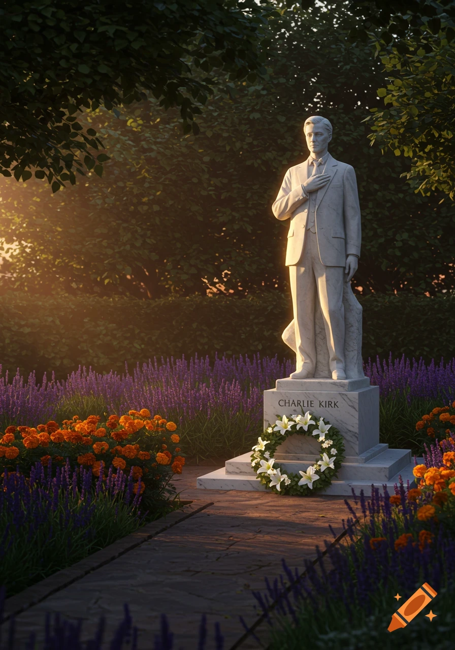 Photorealistic memorial statue of a man in a suit, labeled 'CHARLIE KIRK', standing in a sunlit garden with flowers.