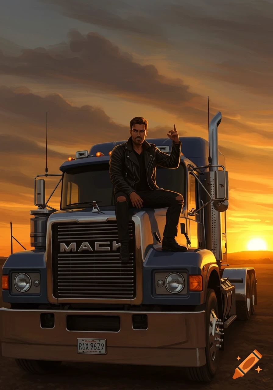 A confident man in a leather jacket sits on the hood of a blue Mack truck at sunset, making a hand gesture.
