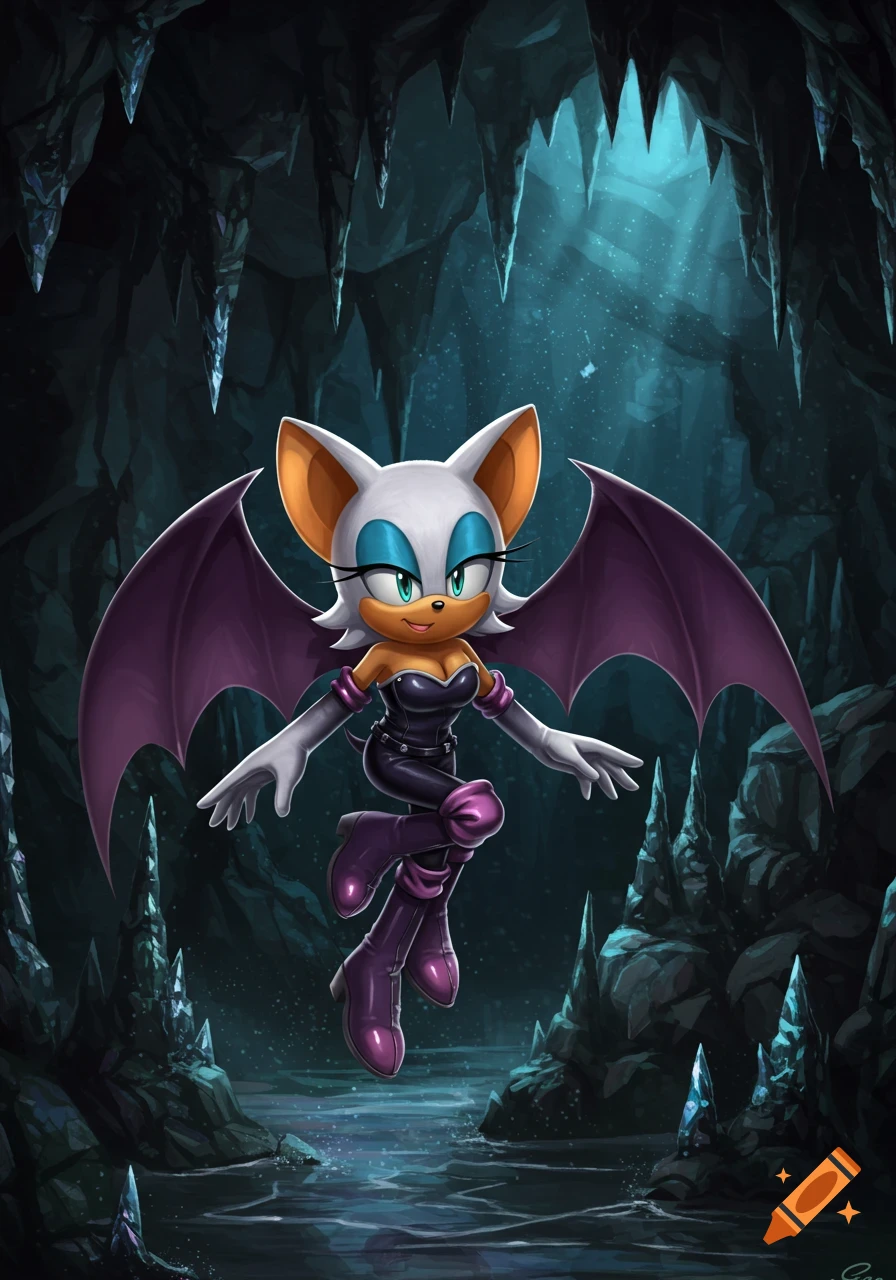Rouge the Bat with large purple wings floats in a dark, crystal-filled cave over water, in a stylized illustration.