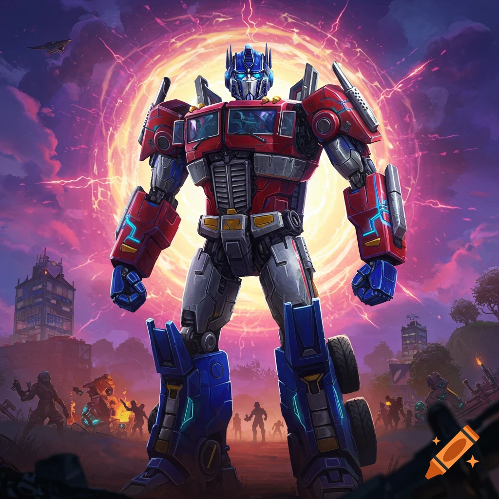 Optimus Prime stands dominantly on a chaotic battlefield with a glowing portal behind him, in a Fortnite-like digital art style.