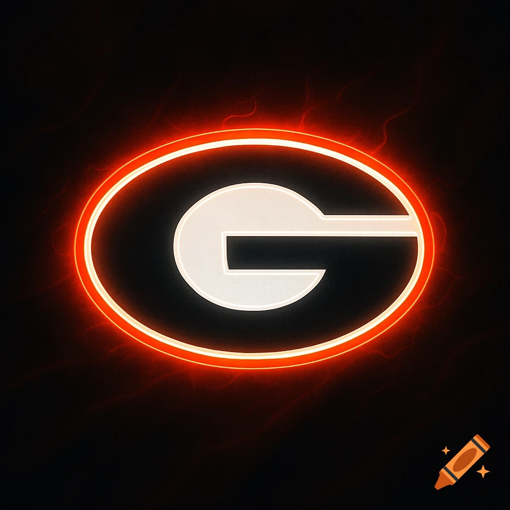 Glowing Georgia Bulldogs 'G' logo in white and red on a black background.