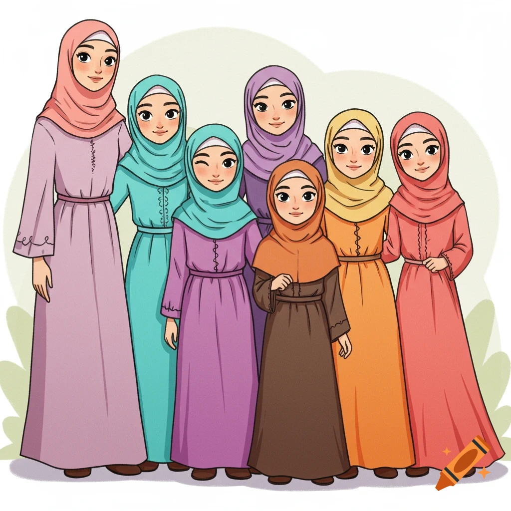 Six cartoon Muslim women and girls of varying heights wearing colorful hijabs and abayas.