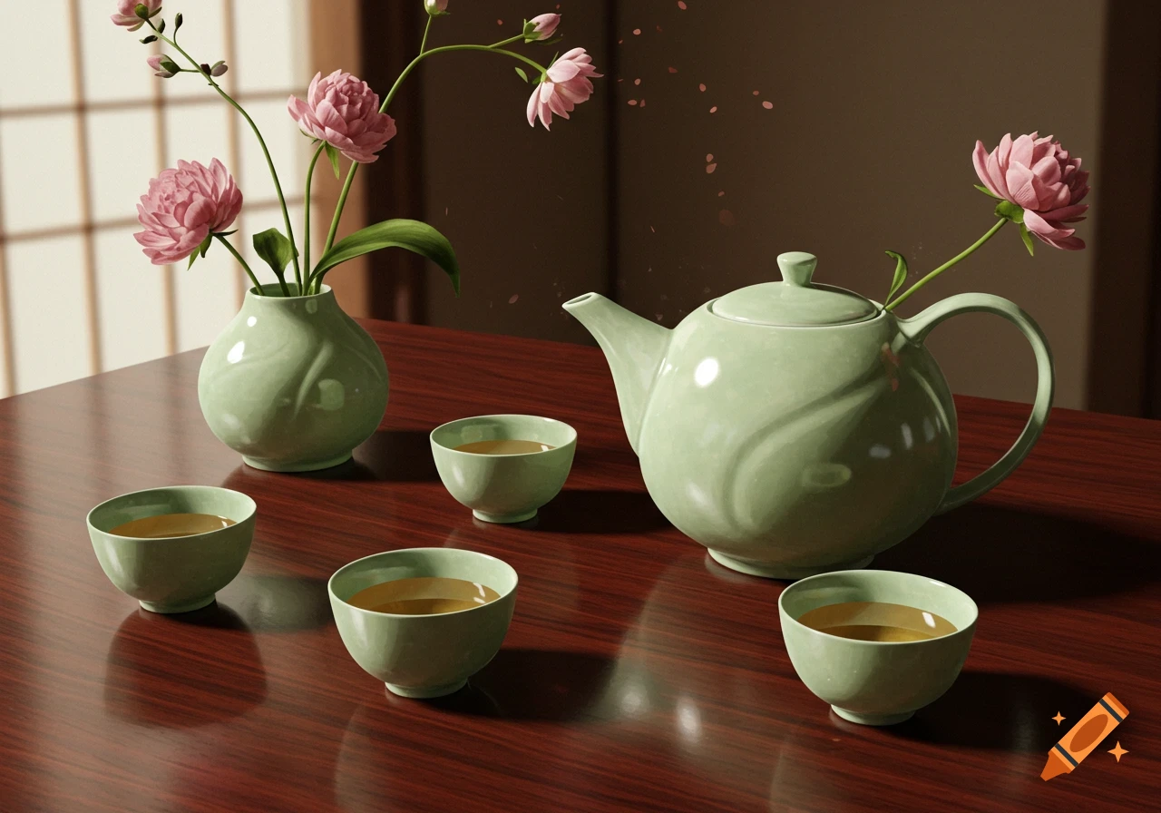 A still life of a light green ceramic tea set and pink flowers in a vase on a dark wooden table.