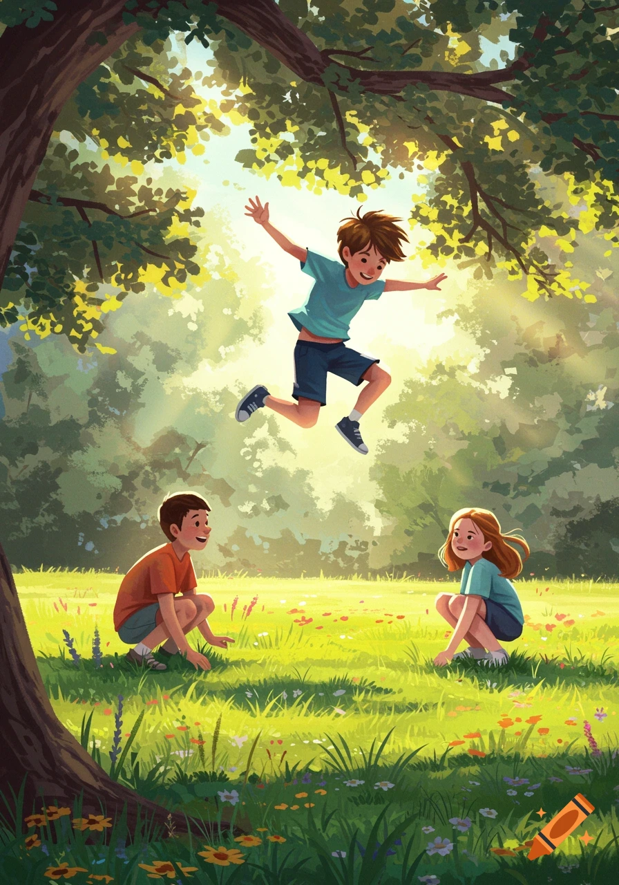 Vibrant illustration of a boy jumping happily while two other children crouch in a sunny, green park filled with trees and flowers.