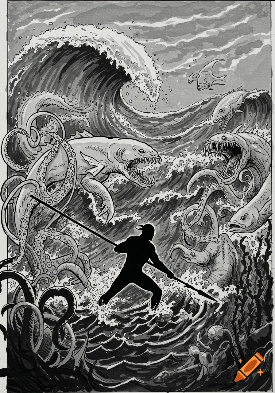 A black and white sketch depicts a man with a spear fighting monstrous sea creatures in a stormy ocean.