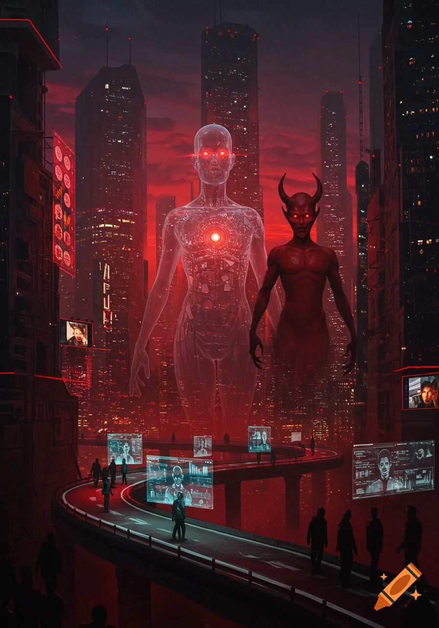 A towering translucent AI figure and a red horned devil-like figure stand over a dark, red-lit futuristic city with elevated roads and holographic screens, in a cyberpunk style.