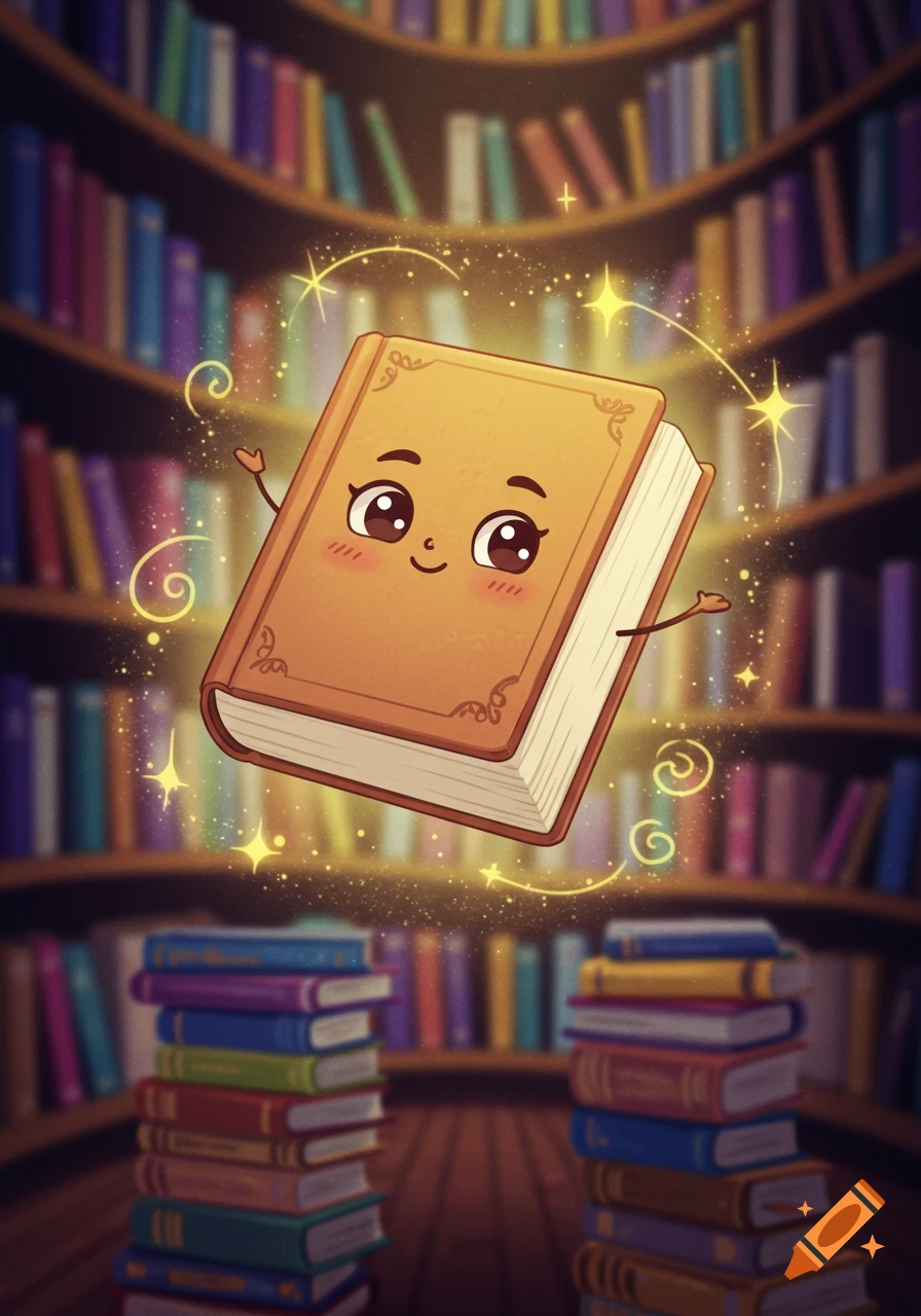 A cute, smiling cartoon book with tiny arms floats magically in a library, surrounded by golden sparkles and shelves of books.