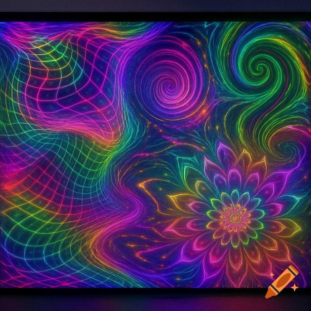 Vibrant neon abstract art with swirling psychedelic patterns, a glowing grid, and a flower-like mandala.