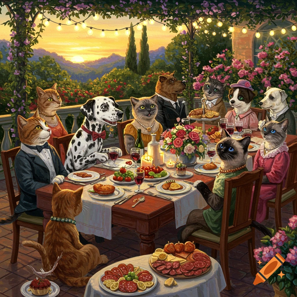 Anthropomorphic cats and dogs in formal attire enjoy a lavish dinner party on an outdoor patio at sunset, rendered in a detailed painting style.