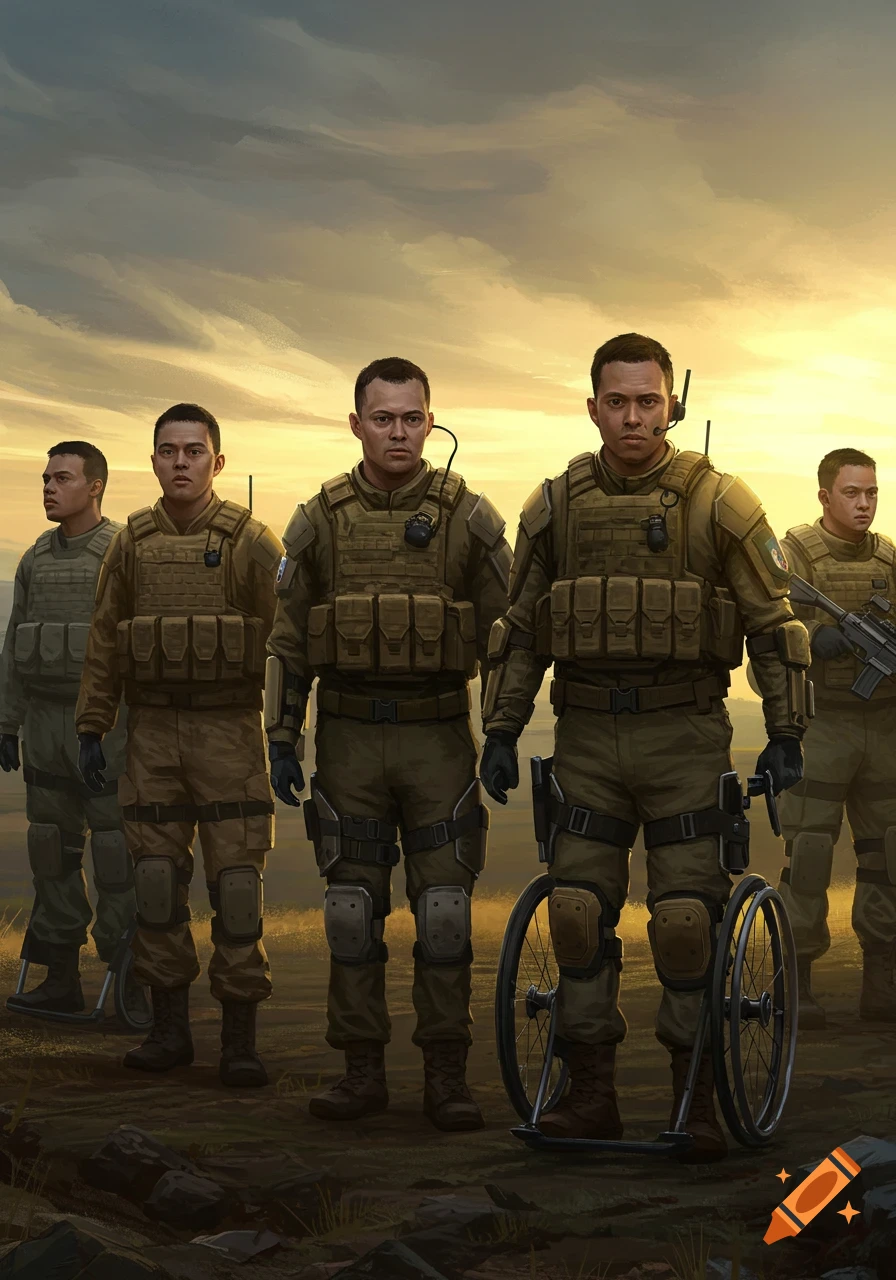 Five soldiers in tactical gear stand in a line at sunset, with one using a wheeled mobility device.