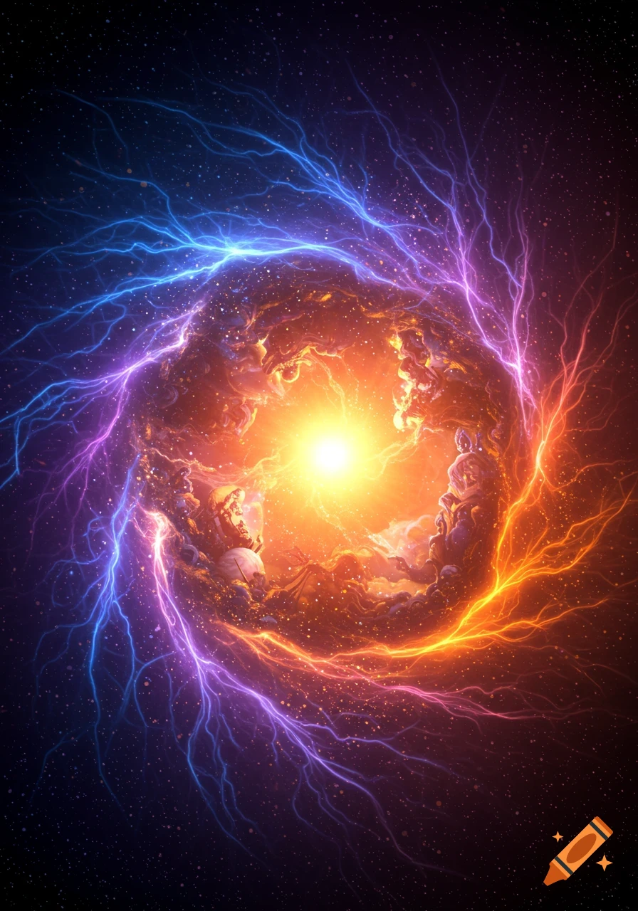 Vibrant abstract cosmic energy vortex with a bright core, surrounded by blue, purple, and orange lightning against a starry background.