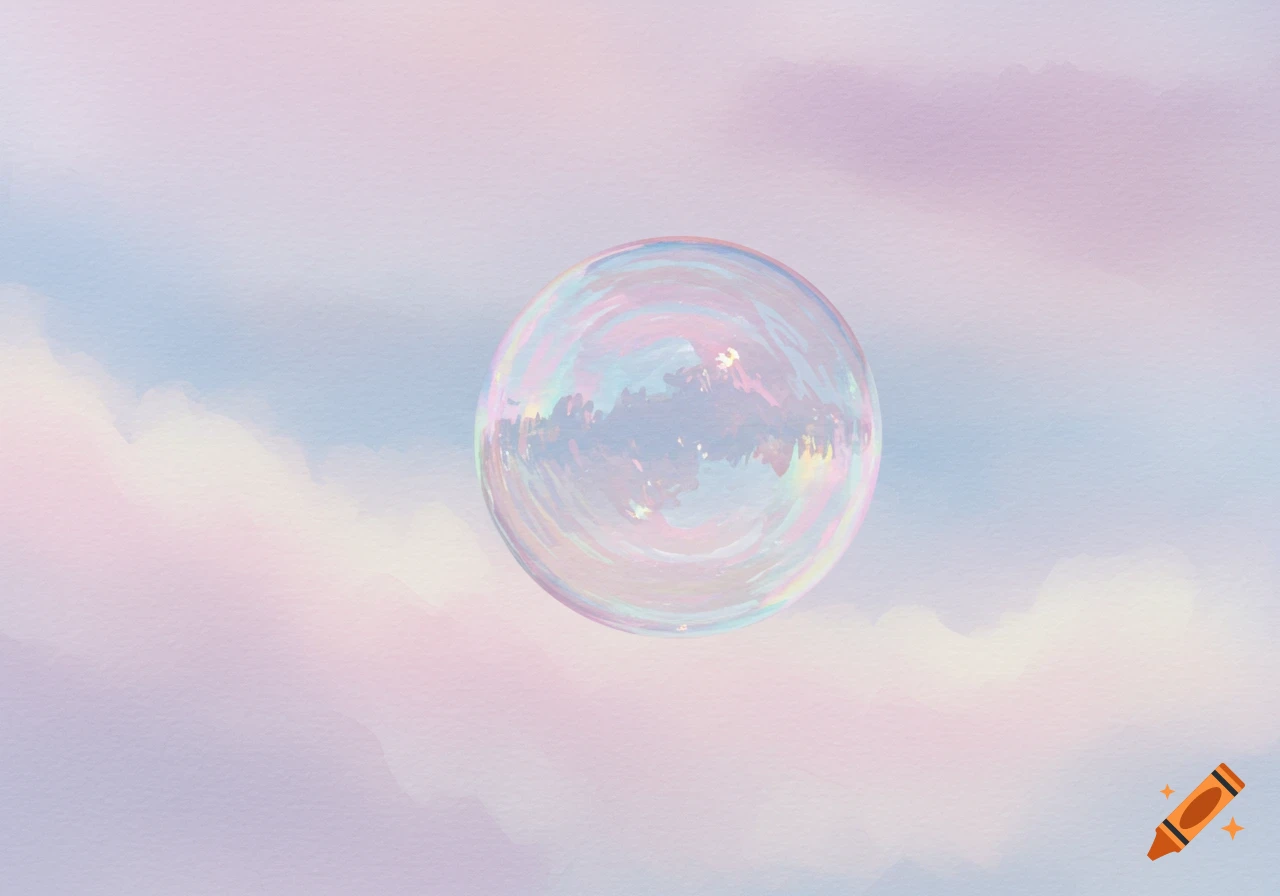 A watercolor bubble floating in a pastel sky with soft clouds.