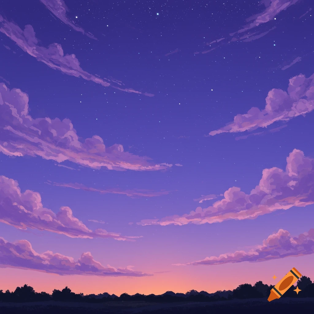 Violet evening sky with fluffy clouds, sparkling stars, and a dark tree line at the horizon, in an anime style.