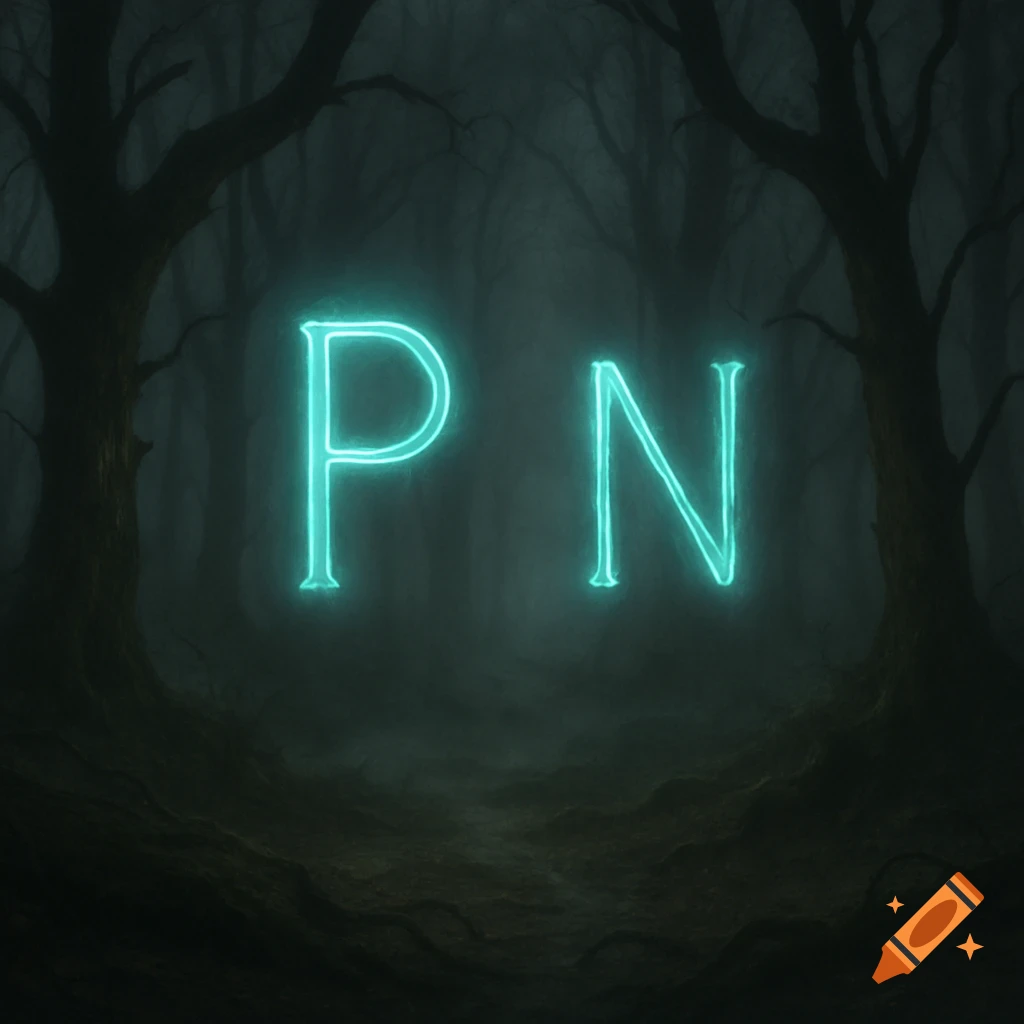 A dark, misty forest scene with two large, glowing cyan letters, "P" and "N", floating in the center. The style is dark fantasy.