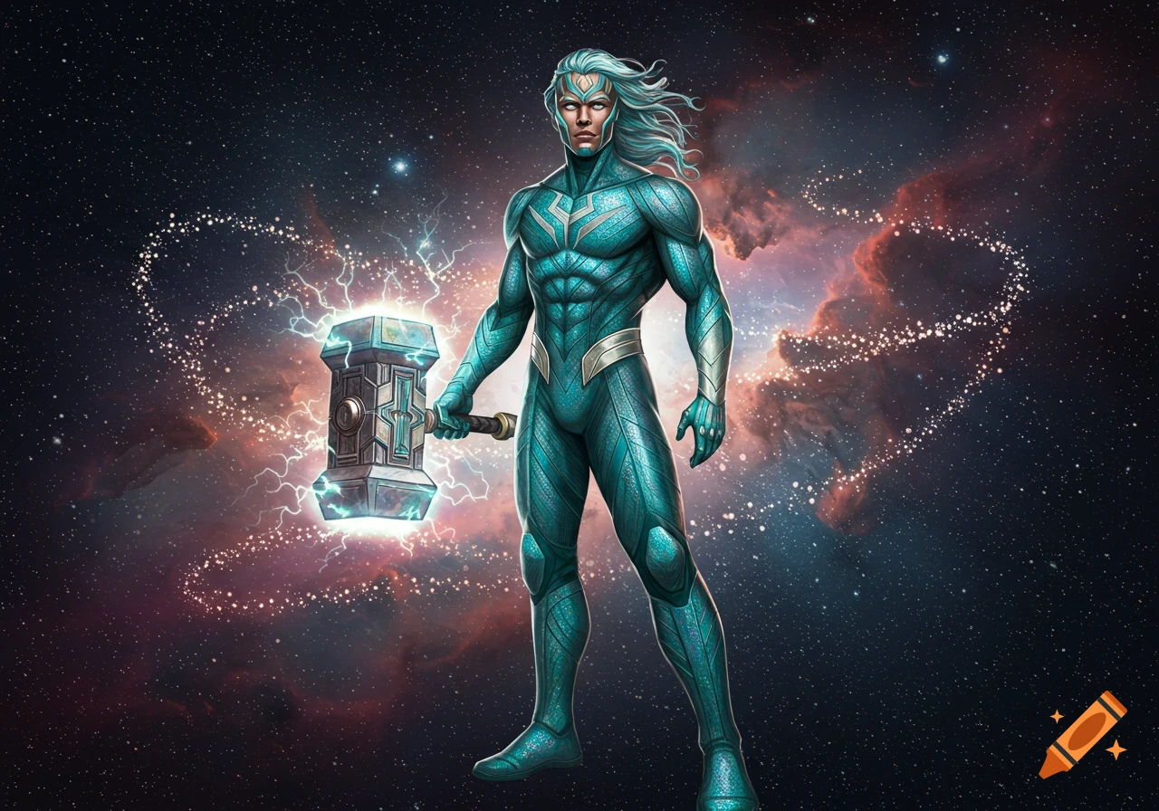 A blue-green armored superhero with white hair and glowing eyes holds a glowing war hammer against a cosmic background.