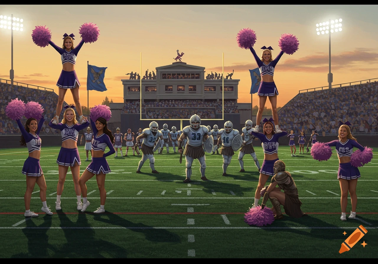 Cheerleaders in purple uniforms and warrior-like football players on a field in a stadium at sunset.