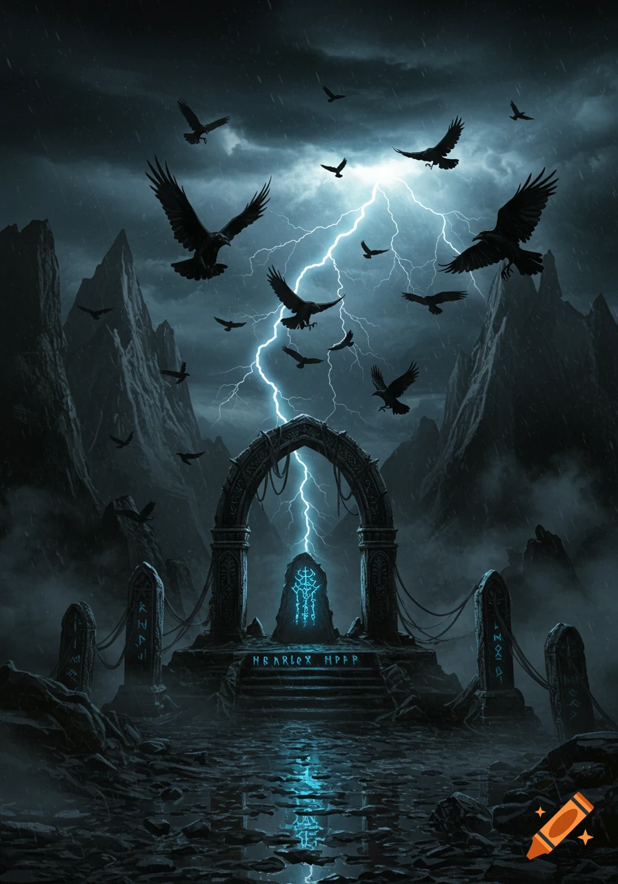 Dark fantasy scene with ravens and lightning over an ancient stone arch and altar in a stormy landscape.