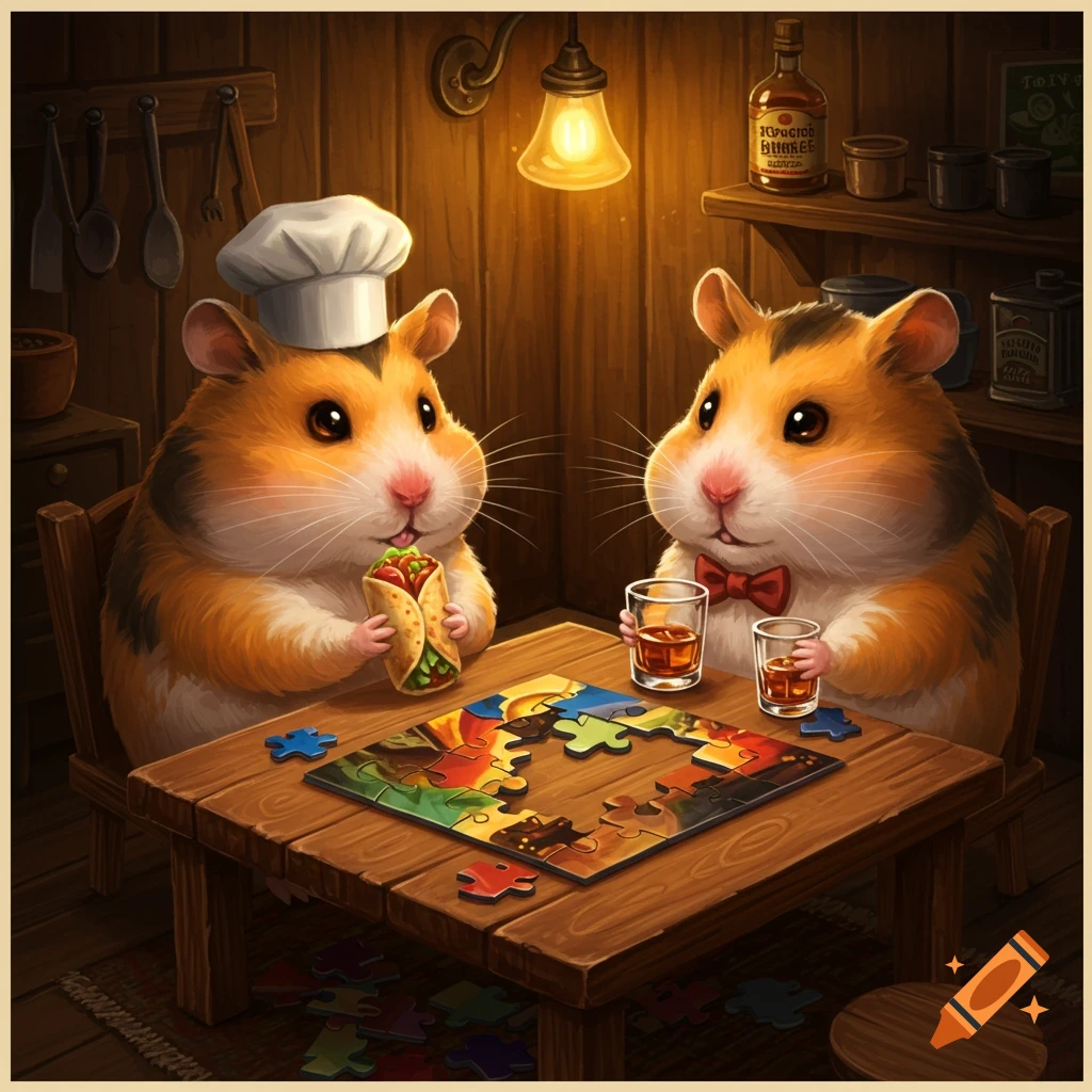 Two cartoon hamsters, one in a chef hat eating a burrito, the other drinking, playing a jigsaw puzzle at a rustic wooden table.