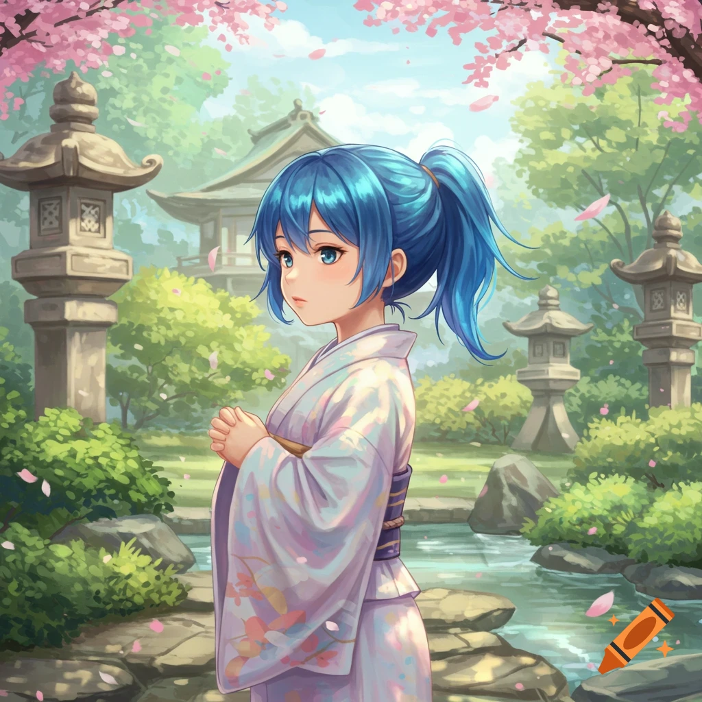 Anime girl with blue hair in a kimono in a Japanese garden with cherry blossoms.