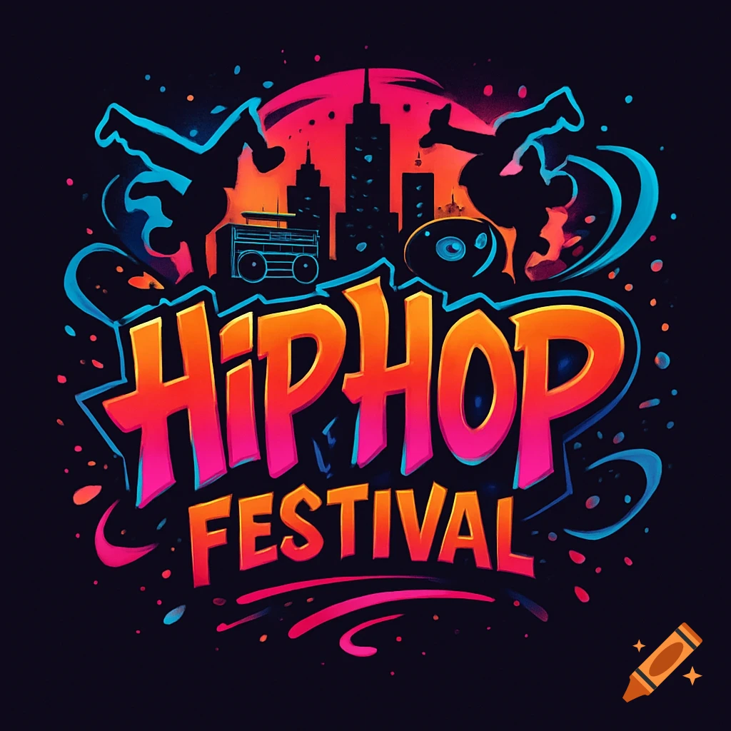 Vibrant neon logo for a Hip Hop Festival with breakdancers, boombox, and cityscape in the background.