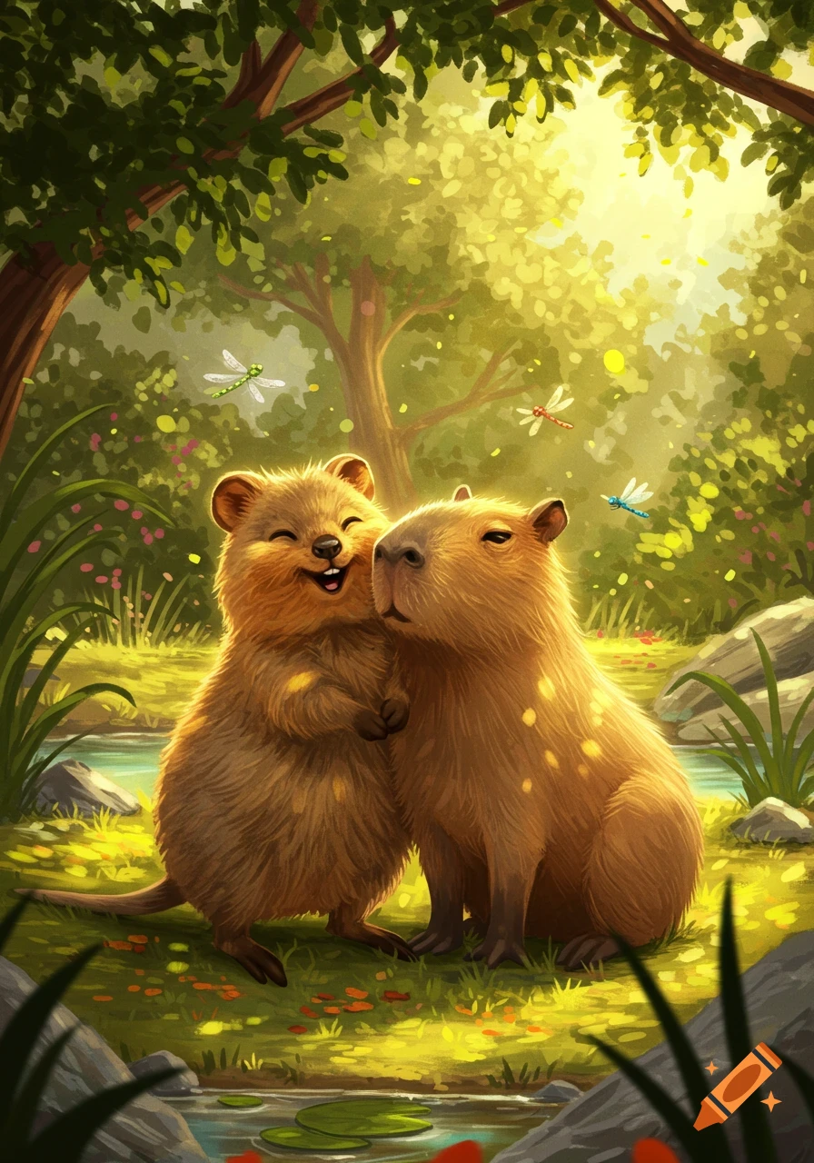 A happy quokka hugs a capybara in a vibrant, sunlit forest, with dragonflies and a small pond.