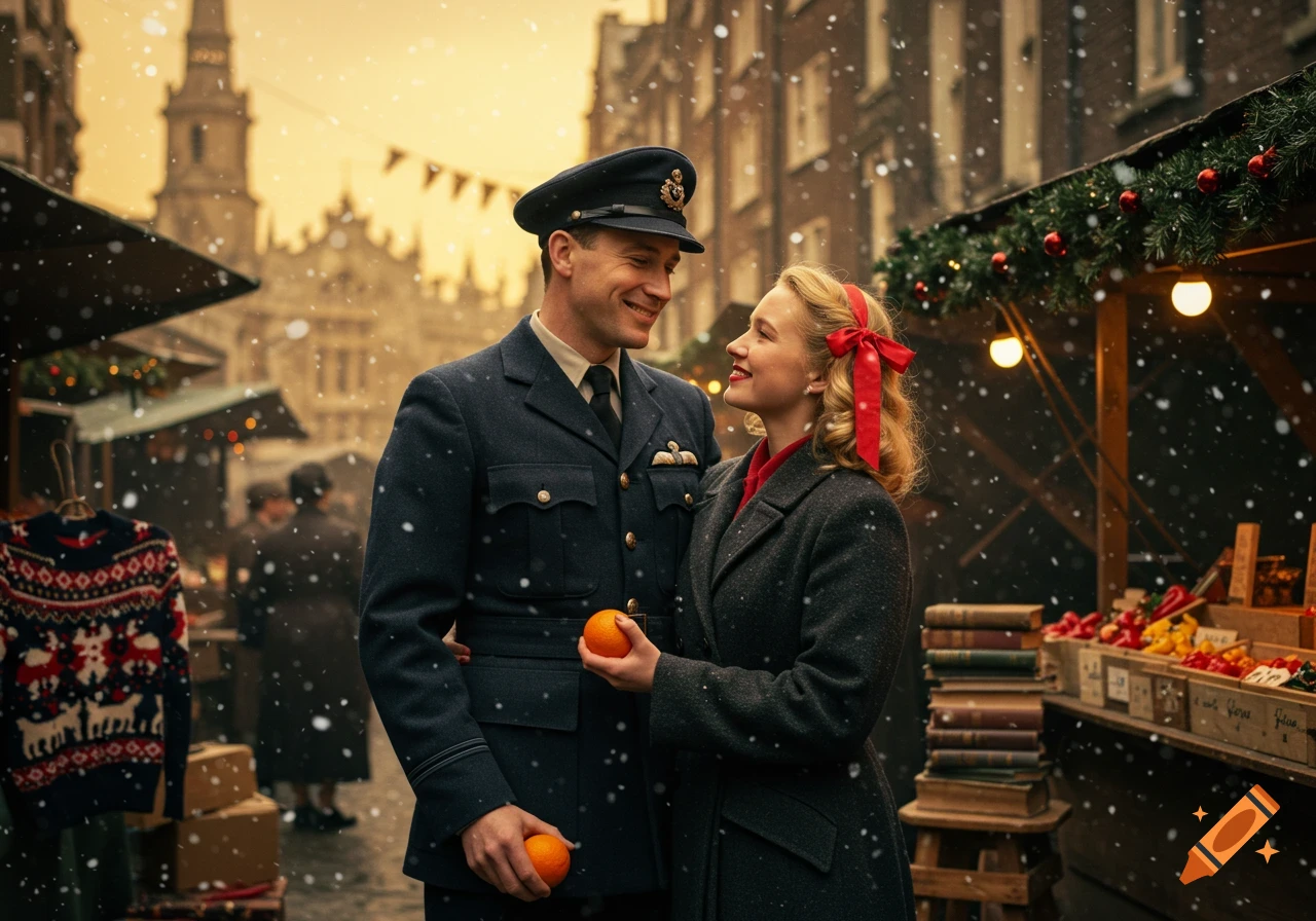 A smiling couple, a man in a WWII RAF uniform and a woman with a red ribbon in her hair, share a tender moment in a snowy 1940s London Christmas market, holding oranges.