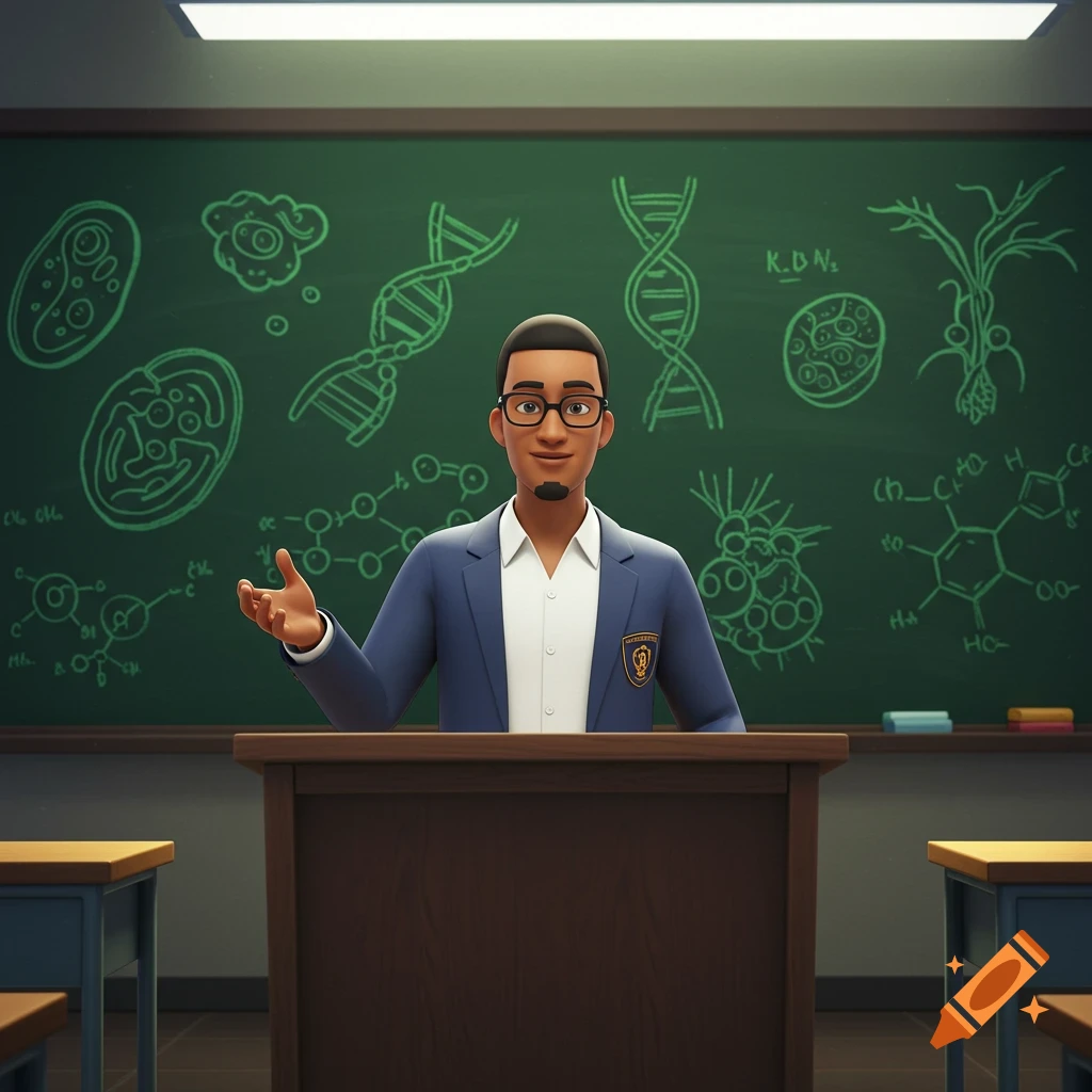 A semi-realistic animated male teacher wearing a blazer and glasses stands at a podium in a classroom with biology drawings on a blackboard.