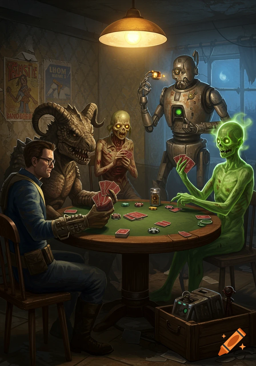 Fallout characters, including a man in a vault suit, Deathclaw, ghouls, and a Mr. Handy robot, play poker in a dim, post-apocalyptic room.