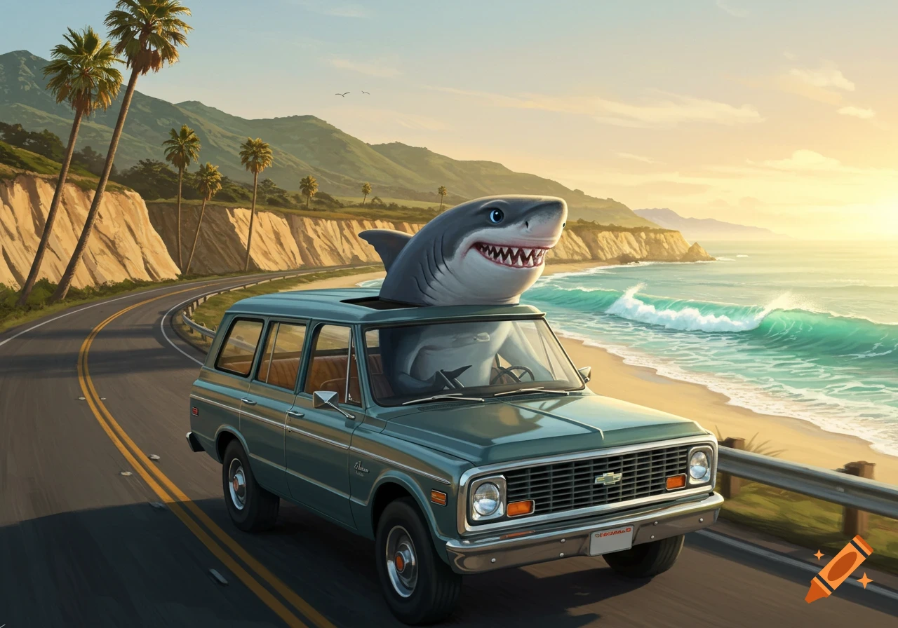 A cartoon shark with a wide smile drives a teal vintage Chevy Blazer SUV along a scenic coastal road at sunset, with palm trees and ocean waves.
