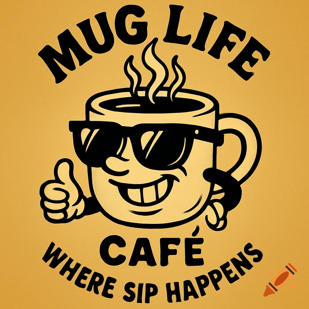 A cartoon coffee mug with sunglasses and a grin gives a thumbs up. Text reads "MUG LIFE CAF G WHERE SIP HAPPENS" in a retro, bold style on a gold background.