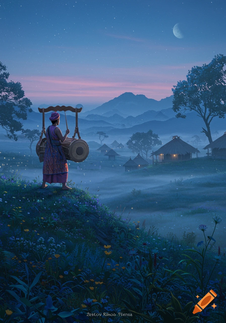 Illustrated art of a person playing a large drum on a grassy hill overlooking a misty village under a moonlit sky at dawn.