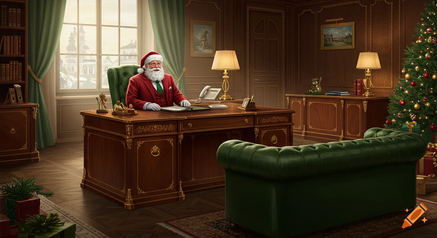 Santa Claus sits behind a large wooden desk in a luxurious office with green curtains and a decorated Christmas tree.