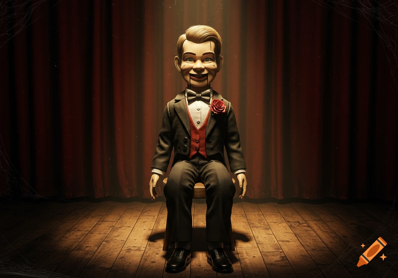 Creepy ventriloquist dummy in a suit and bow tie, with a red rose, sits on a wooden stage with red curtains.