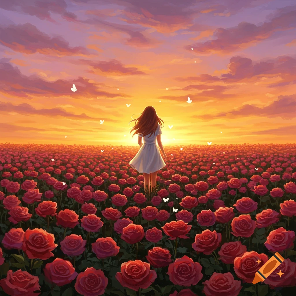 A girl in a white dress walks through a vast field of red roses under a vibrant sunset sky with butterflies. Illustrated style.