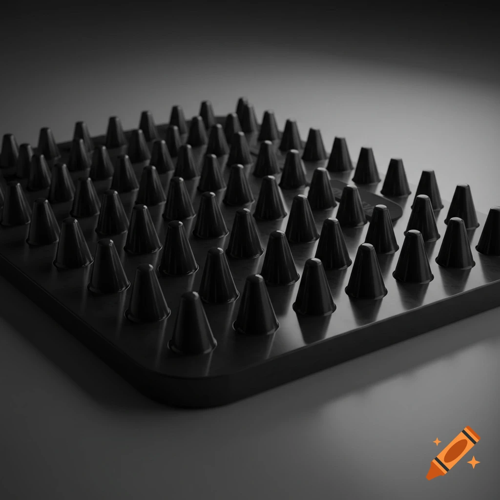 A close-up, photorealistic image of a black plastic tray covered in a grid of cone-shaped nubs.