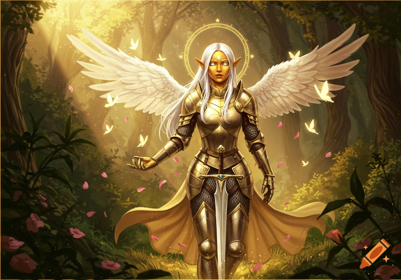 A female elf-like paladin in golden armor with white wings and a halo stands in a sunlit fantasy forest with falling pink petals.